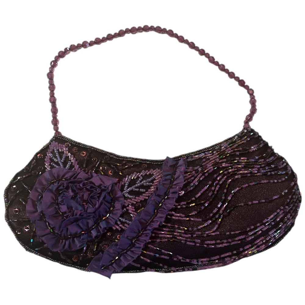 Mariell Purple Embroidered Beaded floral & Ribbon Bag w/Beaded handle 10”Wx4”H